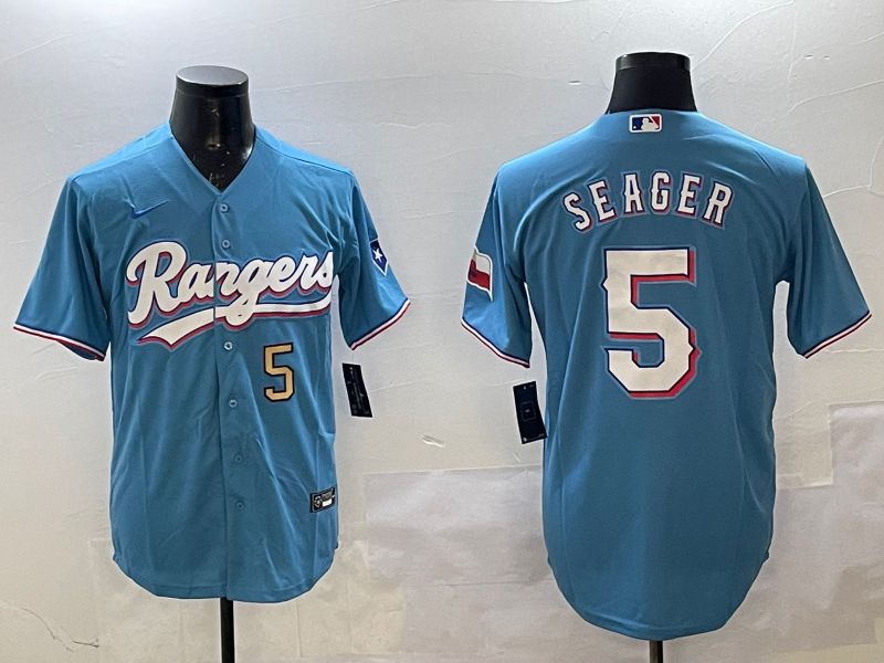 Men Texas Rangers 5 Seager Light Blue Game 2025 Nike MLB Jersey style 3